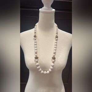 Vintage KOREA Winter Snow White Acrylic Beaded Necklace with Gold-Tone Accents
